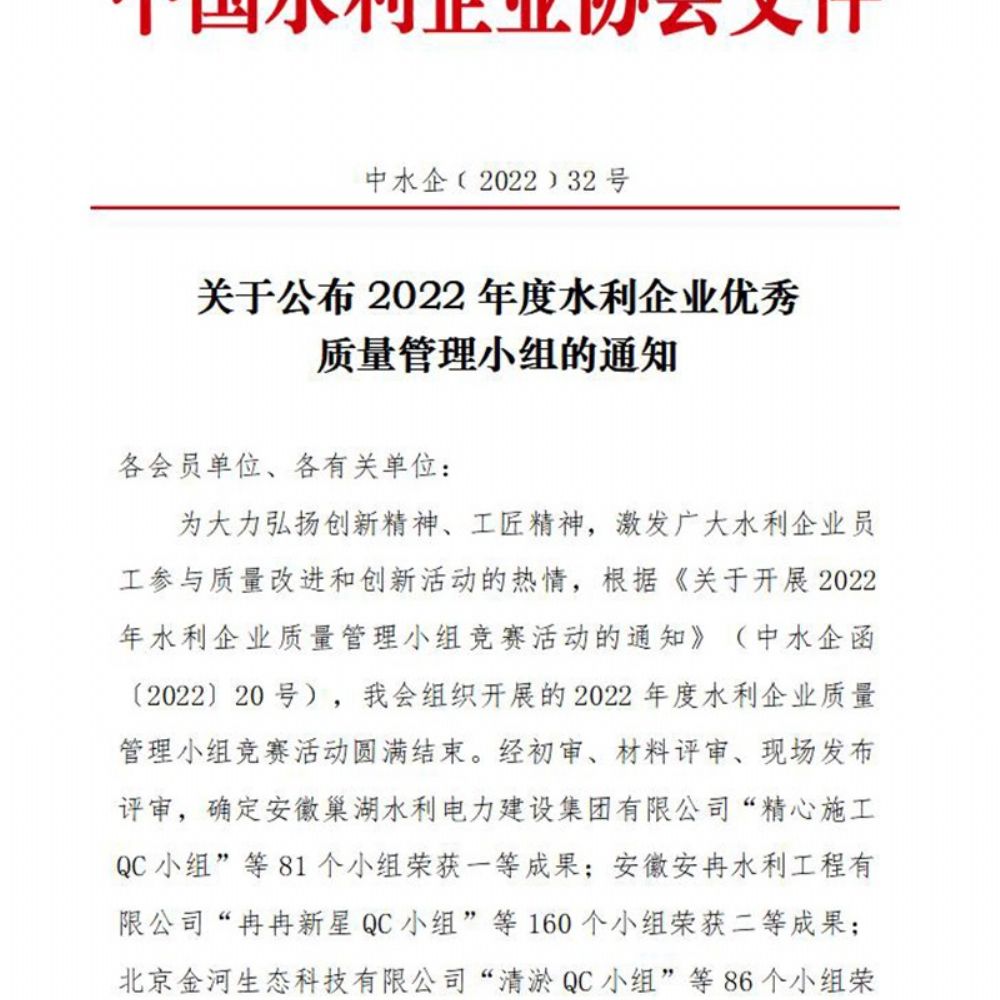 我公司喜氣洋洋QC小組榮獲水利企業(yè)優(yōu) 秀質(zhì)量管理小組Ⅱ類(lèi)成果